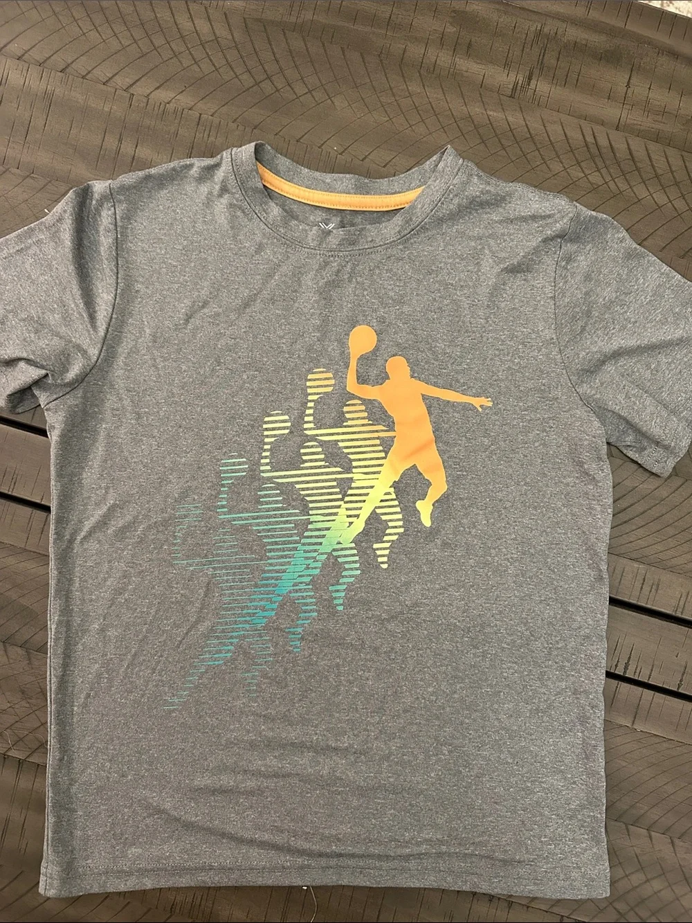 Quick Dry Gray Short-Sleeve Tee with Yellow-Green-Blue Basketball Silhouette